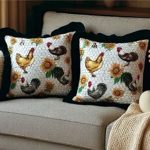 Vintage Farmhouse Chicken Rooster Throw Pillows Sunflowers Cottagecore USA